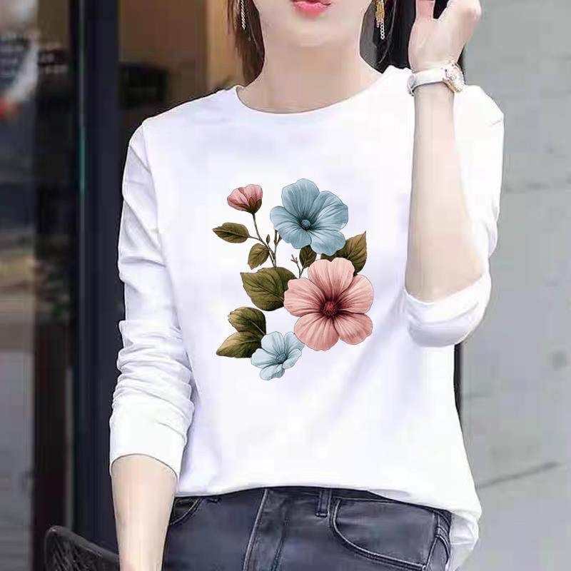 上衣花卉女个性可爱外穿通勤印花圆领休闲秋冬春季打底衫长袖T恤