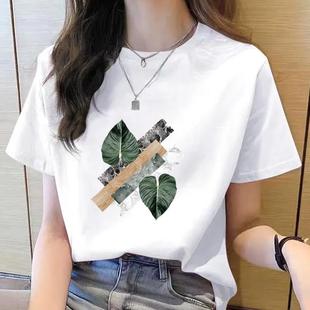 树叶新款夏季爱心花卉短袖休闲印花女上衣流行学生青年时尚T恤