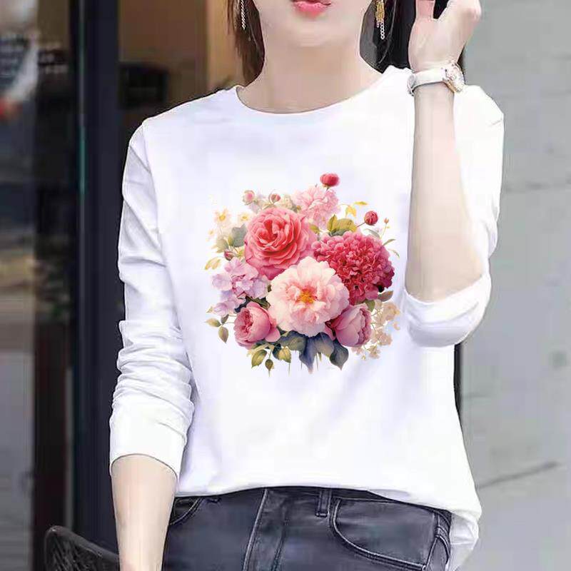 上衣花卉女花朵流行外穿通勤印花圆领休闲秋冬春季打底衫长袖T恤