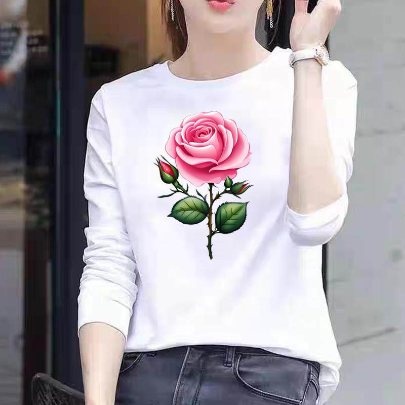 可爱花朵印花圆领休闲时尚秋冬春季外穿打底衫长袖上衣女个性T恤