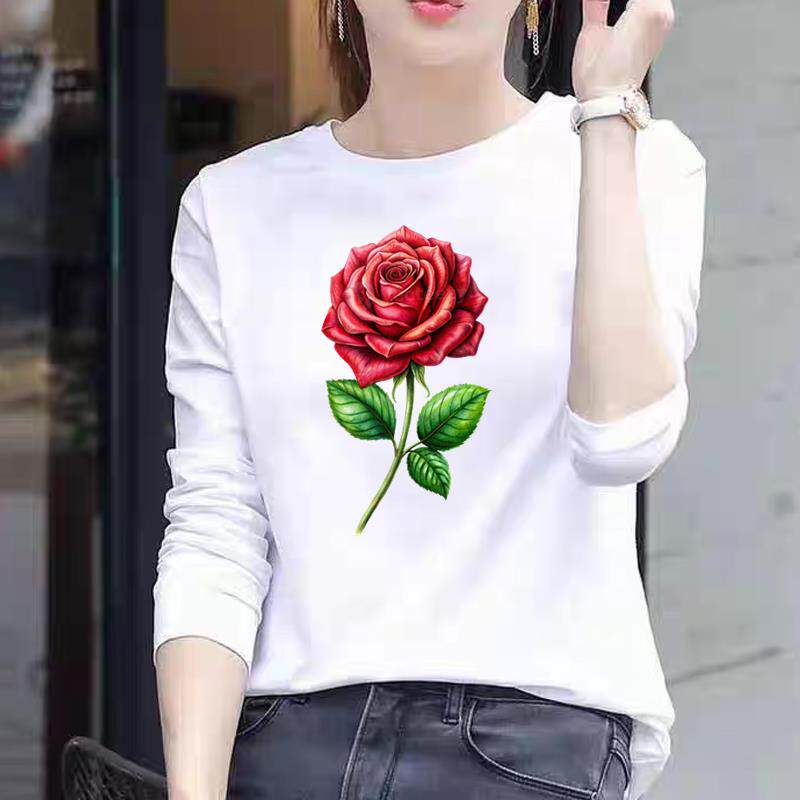 流行花卉印花圆领休闲时尚秋冬春季外穿打底衫长袖上衣女个性T恤