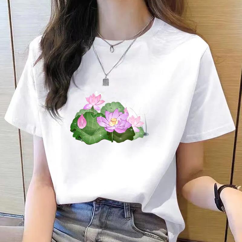 网红爆款新款短袖休闲薄款印花中国风荷花洋气女韩版圆领时尚T恤