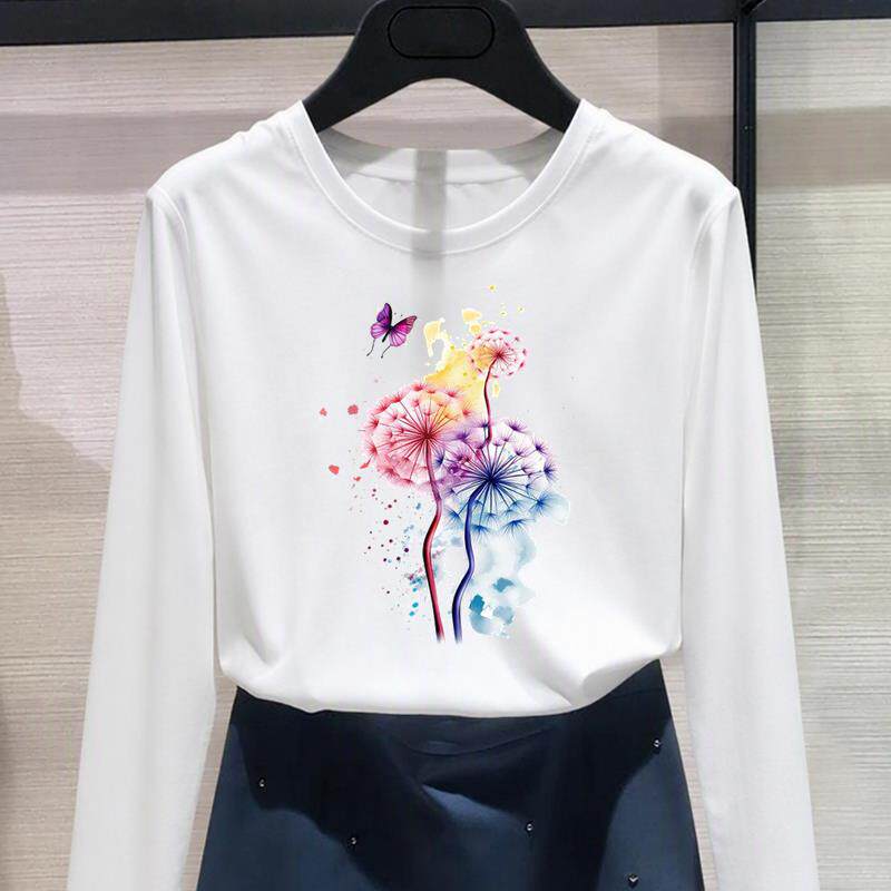 可爱花卉长袖上衣印花外穿打底衫圆领休闲时尚秋冬春季女个性T恤