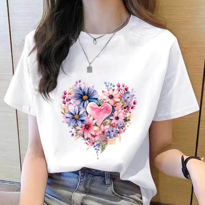 外穿洋气女韩版夏季新款短袖休闲印花ins心形花卉圆领时尚T恤