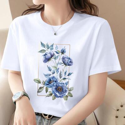 外穿夏季新款短袖休闲印花ins洋气女韩版可爱花朵圆领时尚T恤