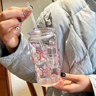 500Ml Pink Bow Print Water Bottle Drinking Can Iced Hot Coff