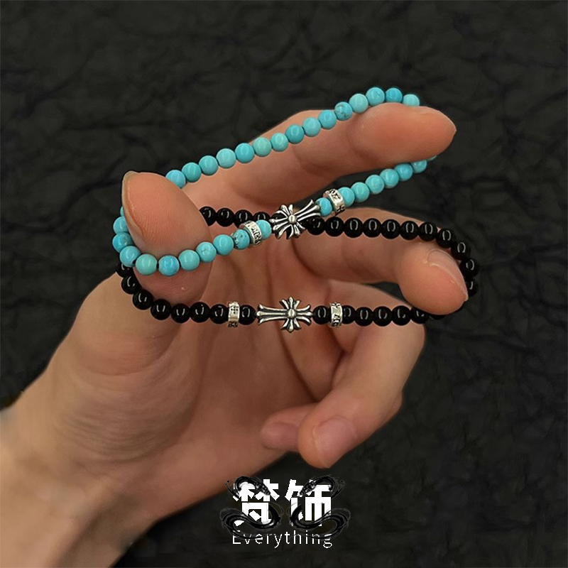 S925纯银克罗心黑曜石手串手链