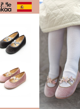 little winkaa女童一脚蹬交叉带星星天鹅绒公主鞋舞蹈布鞋LW21035