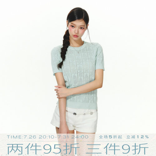 MMMOUND 设计感镂空针织短袖t恤女夏季新款修身上衣
