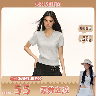 复古纯色V领针织短袖 美式 鱼九九推荐 t恤女宽松上衣 Ariseism