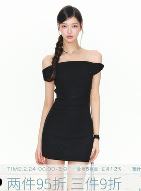 MMMOUND 一字肩连衣裙女夏季新款黑色收腰修身露肩裙子