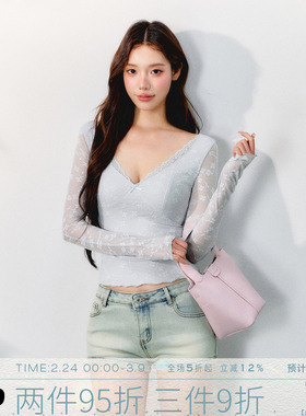 MMMOUND 设计感浅蓝色提花网纱长袖上衣女秋季新款修身t恤打底衫