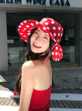 红色波点绑带遮阳渔夫帽女2025新款夏季甜美防紫外线大帽檐防晒帽