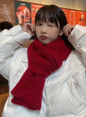 红色围巾女冬季韩版百搭ins潮纯色情侣围脖男冬气质复古显白日系