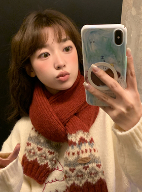 费尔岛圣诞节新年针织毛线红色围巾女冬季新款韩系氛围感保暖围脖