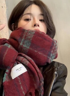 红色氛围感2025新款韩系高级感格子围巾女冬季学生保暖百搭围脖秋