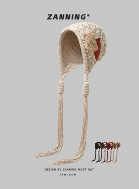 2025新款针织护耳帽子女秋冬季日系红色编织流苏小辫子毛线小红帽