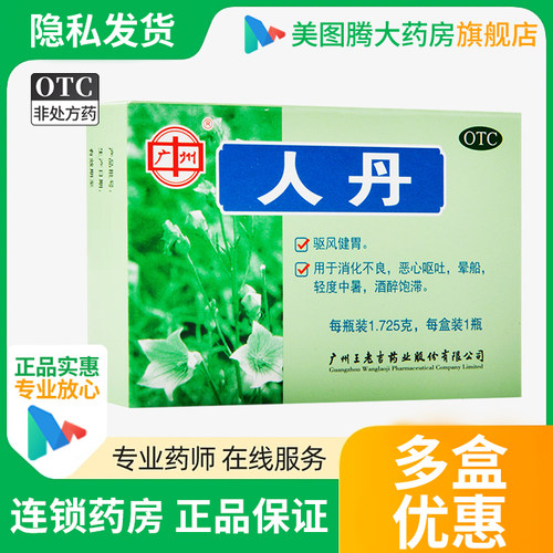 广州王老吉人丹1瓶 用于消化不良恶心呕吐晕船轻度中暑酒醉饱滞