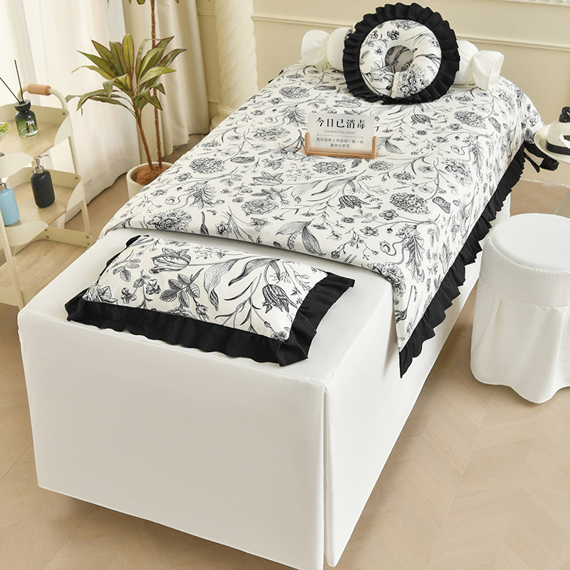 美容床罩四件套小香风黑色养生理疗美容院按摩床套四季通用网红