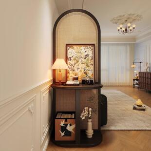 法式屏风客厅中古隔断实木藤编入户座屏玄关穿堂风遮挡新型置物架