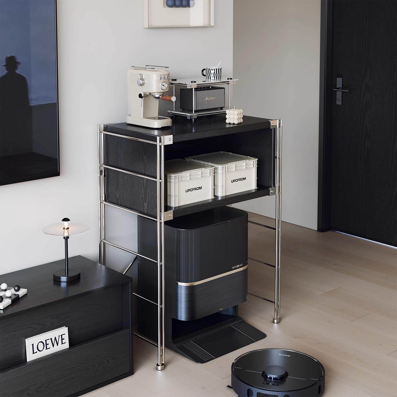 扫地机器人置物架通用黑色收纳柜客厅落地收纳展示架带轮子杂志柜