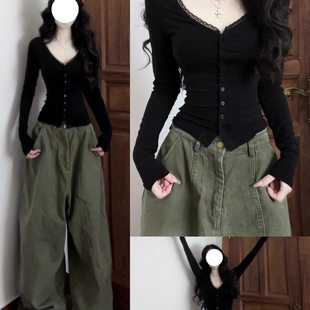 独特绝美辣妹修身 纯欲风性感V领长袖 新款 春季 小上衣 内搭衣T恤女装