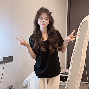 纯色V领正肩宽松短袖 纯棉百搭显瘦慵懒松弛内搭打底上衣 t恤女夏季