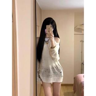 女2025春夏季 挂颈镂空针织罩衫 宽松百搭防晒上衣 辣妹白色长袖 美式