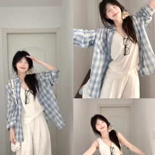 宽松慵懒风POLO领长袖 2025新款 外套 女装 韩系格子衬衫