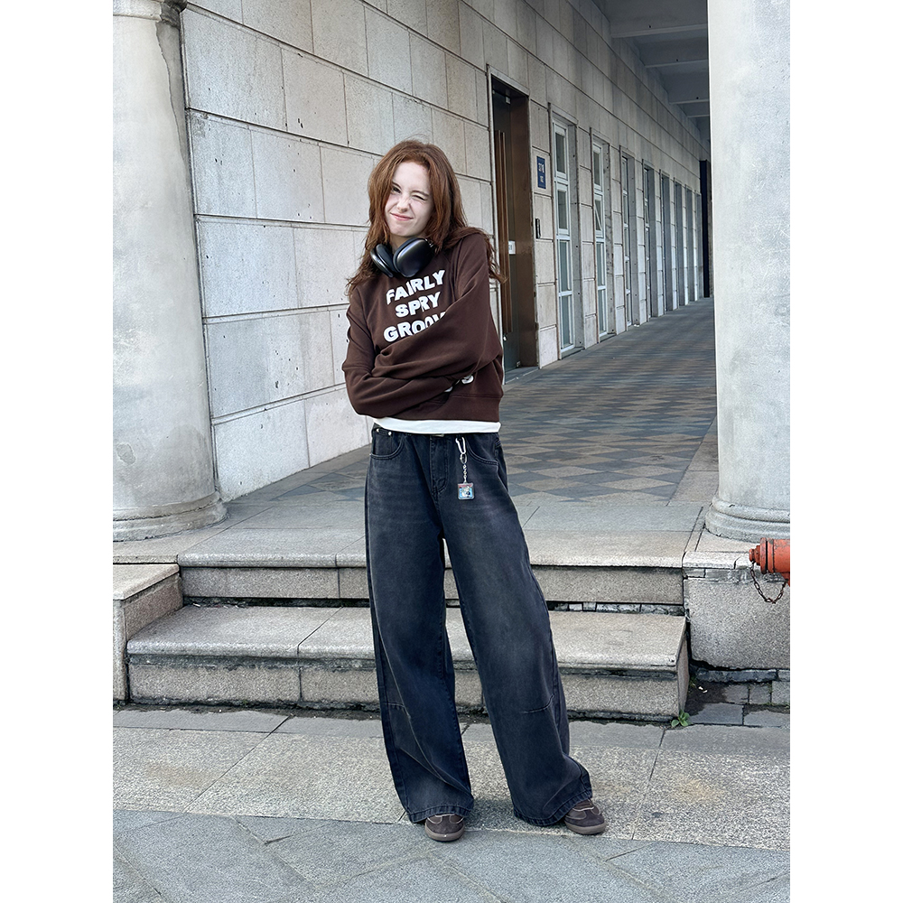 UNRETRO做旧黑色阔腿裤