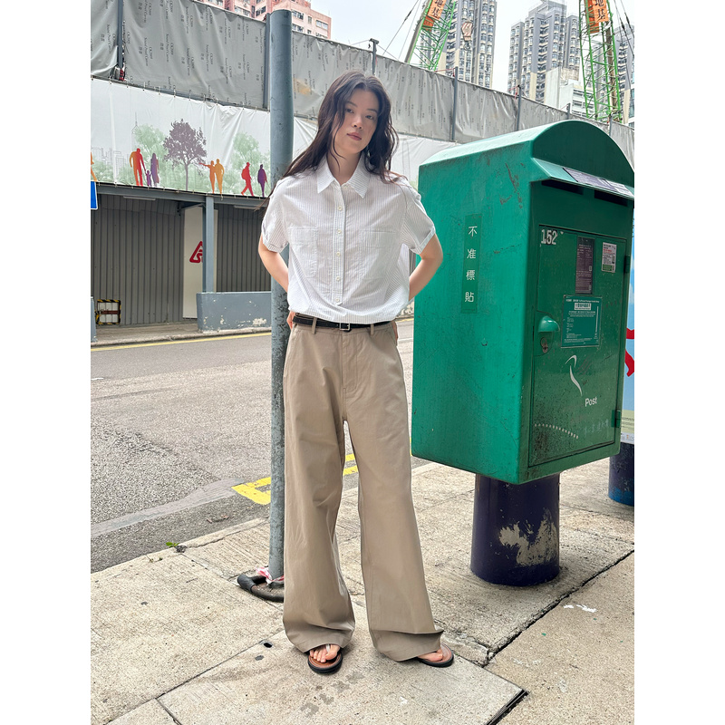 UNRETRO【凉感棉麻】美式半门禁设计感小个子条纹短袖衬衫女夏季