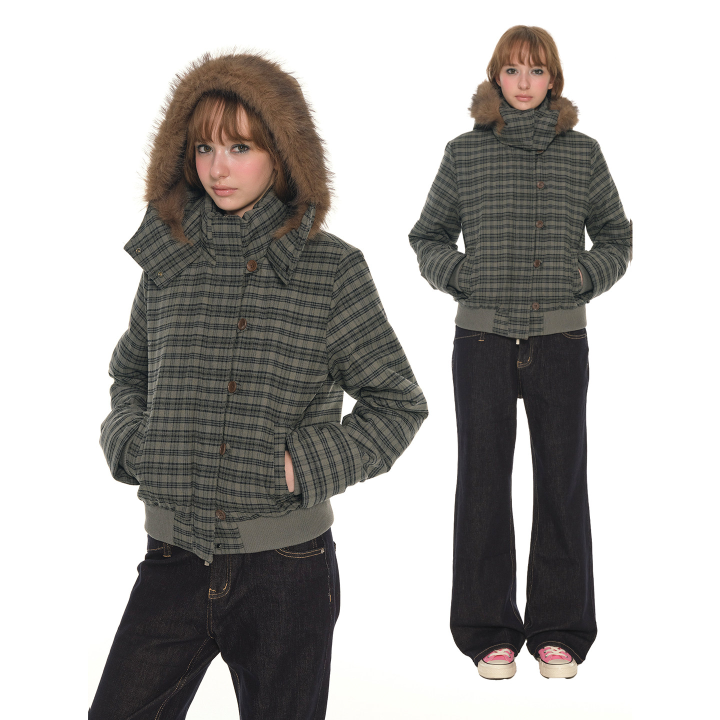 UNRETRO 复古美式格纹短款棉服外套女冬季新款连帽保暖紧身上衣