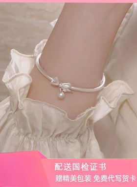 初见在逃公主古法999足银蝴蝶结铃铛吊坠手镯女实心开口纯银镯子