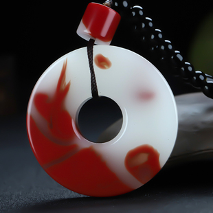 天然鸡血石平安扣手把件大号平安环和田玉金丝玉车挂手玩件腰挂件