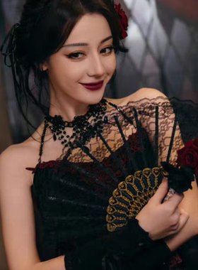 迪丽热巴同款扇子汉服舞蹈黑色玫瑰花蕾丝折扇摆拍复古旗袍古风