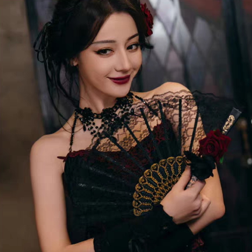 扇子汉服舞蹈黑色玫瑰花蕾丝折扇