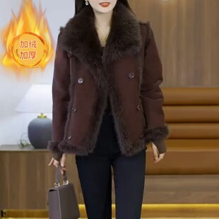 女士冬装洋气皮毛一体棉衣加厚保暖外套妈妈冬季时尚百搭加绒棉袄