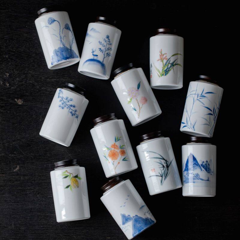 特价茶叶罐陶瓷罐存茶罐装檀木盖茶叶包装盒茶具家用密封罐茶盒子