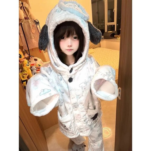 毛茸茸可爱天使小狗连帽睡衣套装