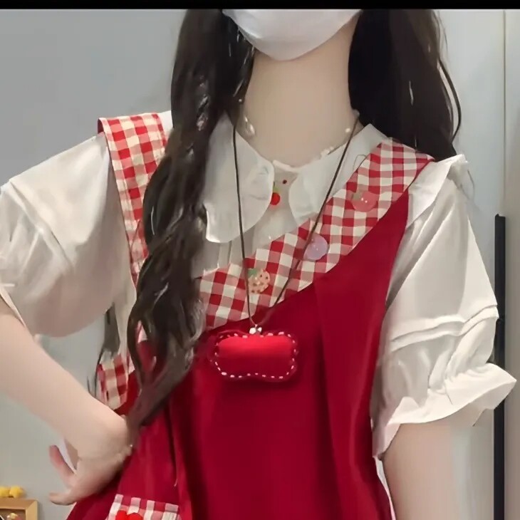 现货收腰女夏季格子背带裤中学生图片