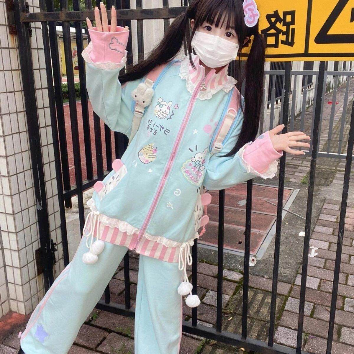 Y2K千禧水色甜品派对印花长袖卫衣软妹二次元亚比可爱运动裤套装