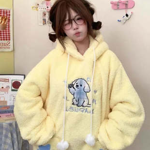 原创软萌甜妹可爱狗狗刺绣羊羔绒连帽外套女冬季宽松加厚保暖棉衣