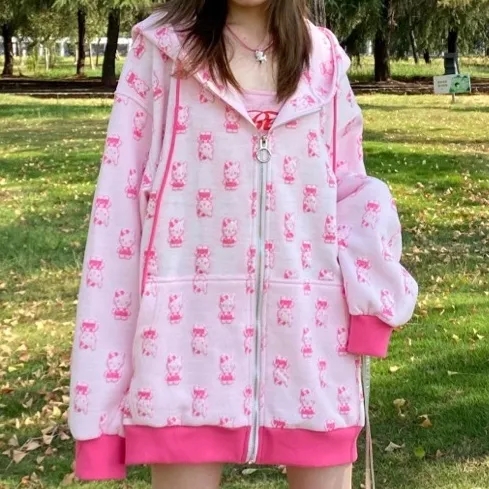 两件套装秋季新款小众可爱kt猫连帽宽松拉链外套上衣低腰喇叭裤潮