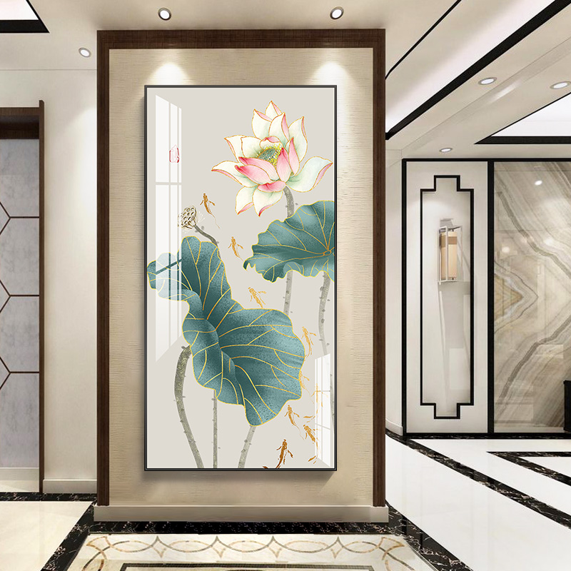 荷花九鱼图新中式玄关装饰画水墨画大幅竖版晶瓷画走廊尽头挂画