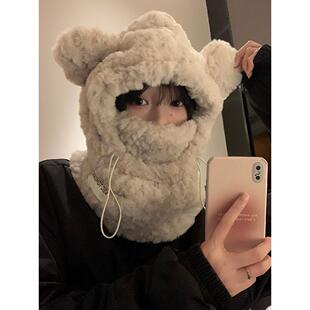 寒潮韩版保暖帽防小熊围巾帽子一体毛绒护耳秋冬季加厚可爱骑车女