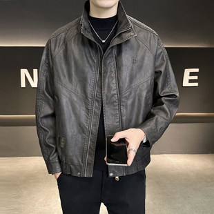 2025新款 复古机车皮夹克男春秋款 潮牌刺绣立领高级感皮衣外套男潮