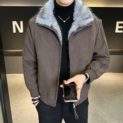 座山雕外套男加绒加厚款冬季2026新款高端痞帅保暖棉服全毛外套男