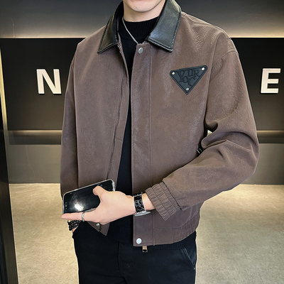 2025春秋新款翻领皮衣外套男痞帅时尚潮流拼接男士机车皮夹克上衣