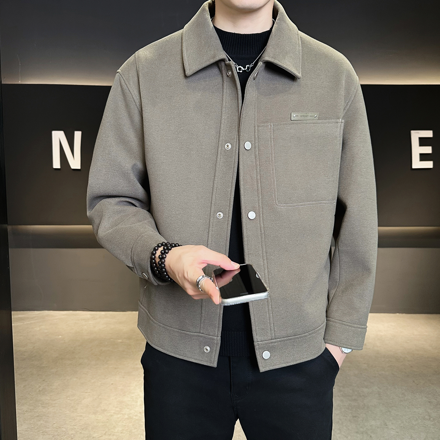 痞帅呢子夹克男秋冬款2025新款高级感潮流呢料高端翻领毛呢外套男