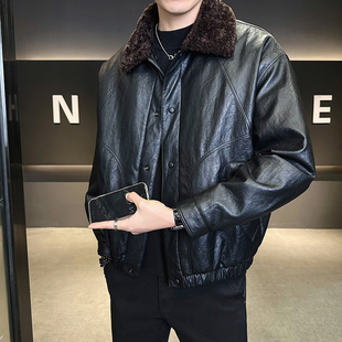 皮毛一体加绒加厚皮衣男2025冬季新款翻毛领痞帅宽松皮夹克外套男